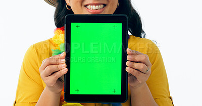 Buy stock photo Happy woman, hands and tablet with green screen for advertising or marketing against a white studio background. Closeup of female person smile showing technology display, online app or mockup space