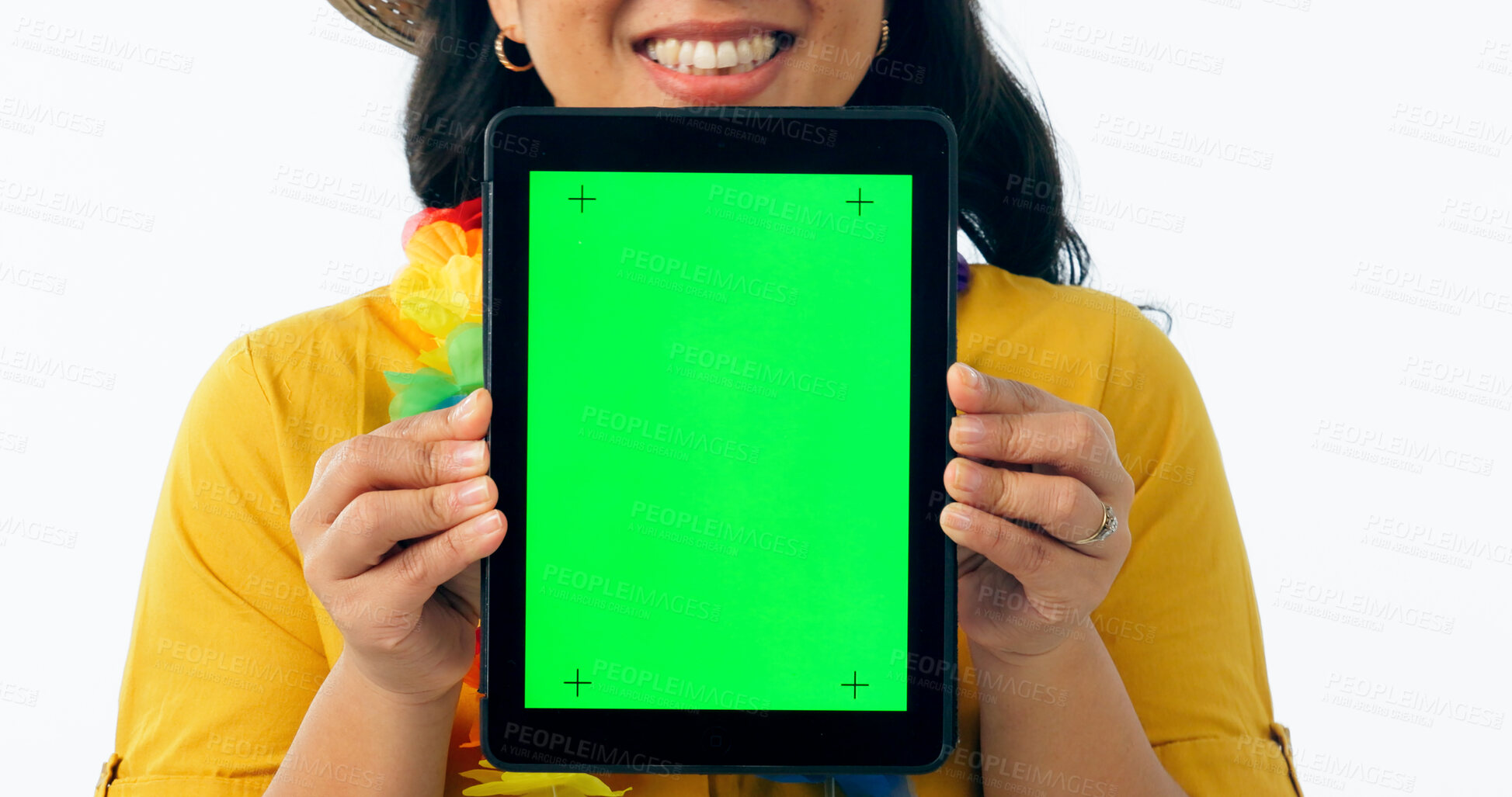 Buy stock photo Happy woman, hands and tablet with green screen for advertising or marketing against a white studio background. Closeup of female person smile showing technology display, online app or mockup space