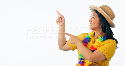 Buy stock photo Travel, space and an asian woman on an Hawaii holiday in studio isolated on a white background for marketing. Smile, vacation and mockup with a happy young tourist showing an announce message