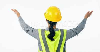 Buy stock photo Back, engineer and woman in presentation for construction isolated on a white background. Rear view, architect and professional designer in helmet, building demonstration or advertising mockup space