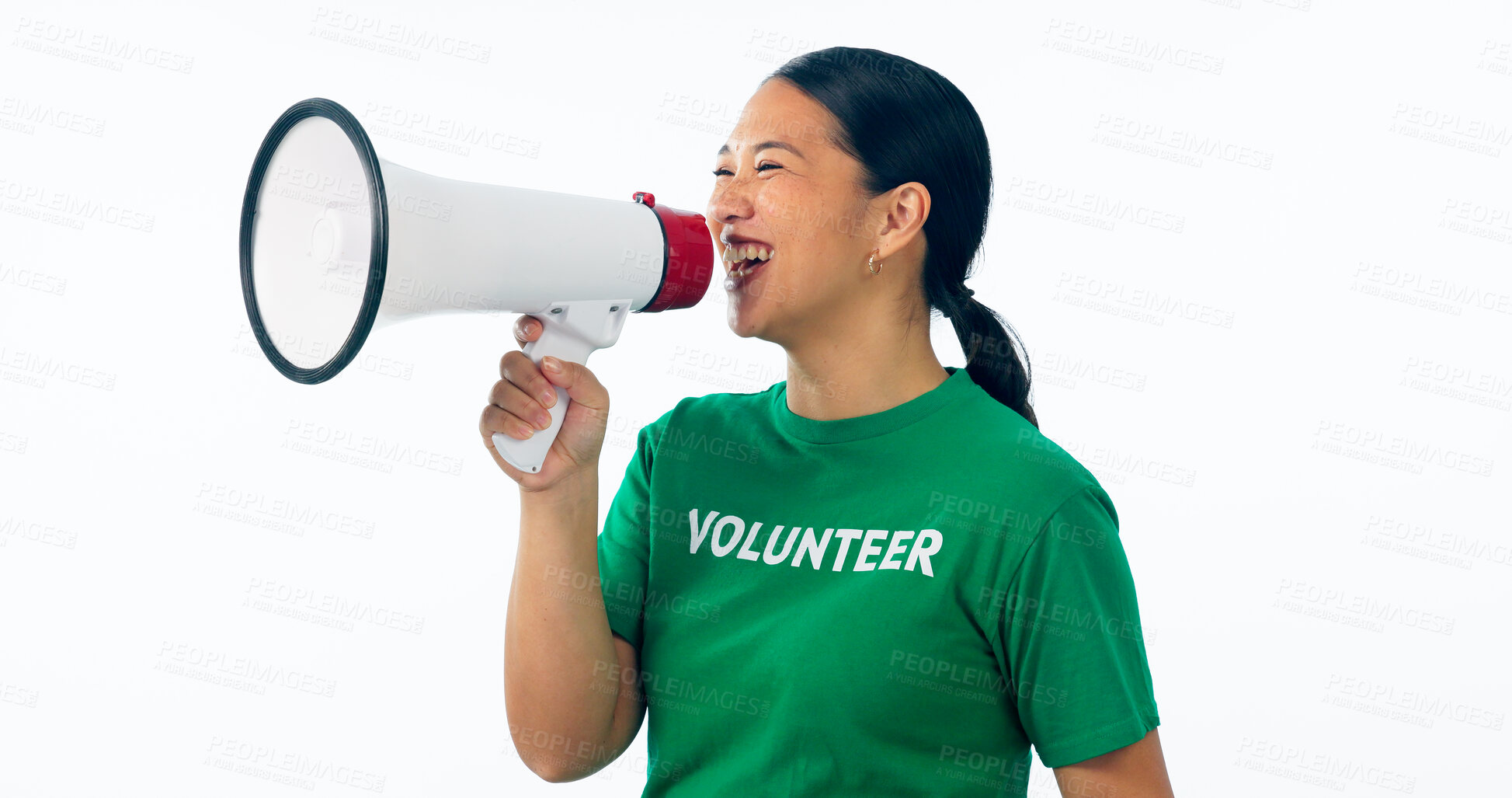Buy stock photo Woman, volunteer voice and megaphone for support, announcement and call to action or join us in studio. Asian person volunteering and freedom of speech for change or NGO isolated on white background