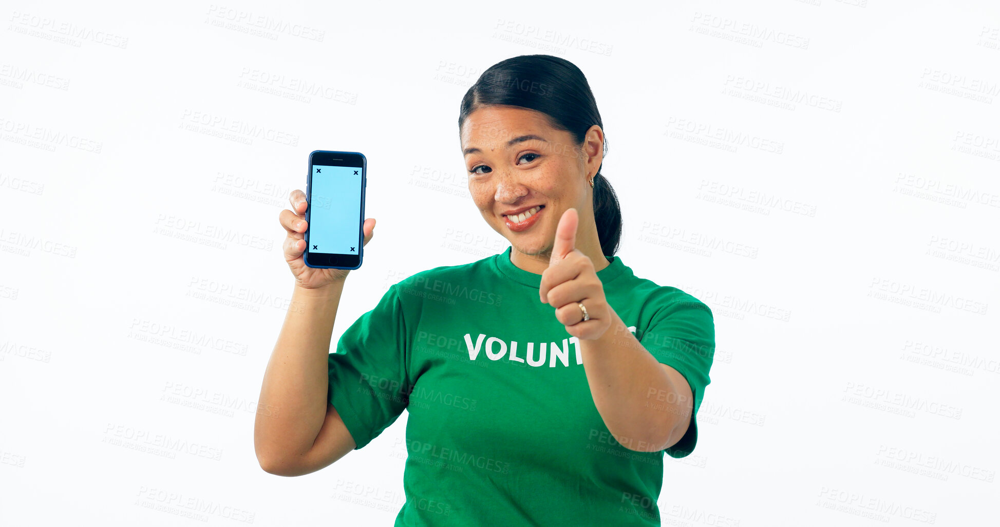 Buy stock photo Woman, volunteering and phone screen, presentation mockup and support, join us or marketing in studio. Portrait of asian student on mobile app, pointing you for NGO help isolated on white background