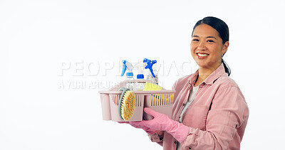 Buy stock photo Woman, portrait and cleaning supplies in studio smile for housework, service or hygiene. Asian person, face and container for disinfection product white background or liquid spray, chemical as mockup