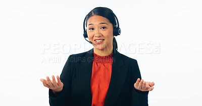 Buy stock photo Call center, portrait and woman in studio for customer service, IT support and CRM questions on white background. Asian telemarketing consultant, virtual assistant and microphone for telecom advisory