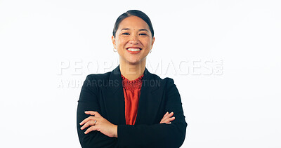 Buy stock photo Happy, crossed arms and portrait of business Asian woman in studio for career, job and work. Corporate, professional and face of isolated worker with smile, confidence and pride on white background