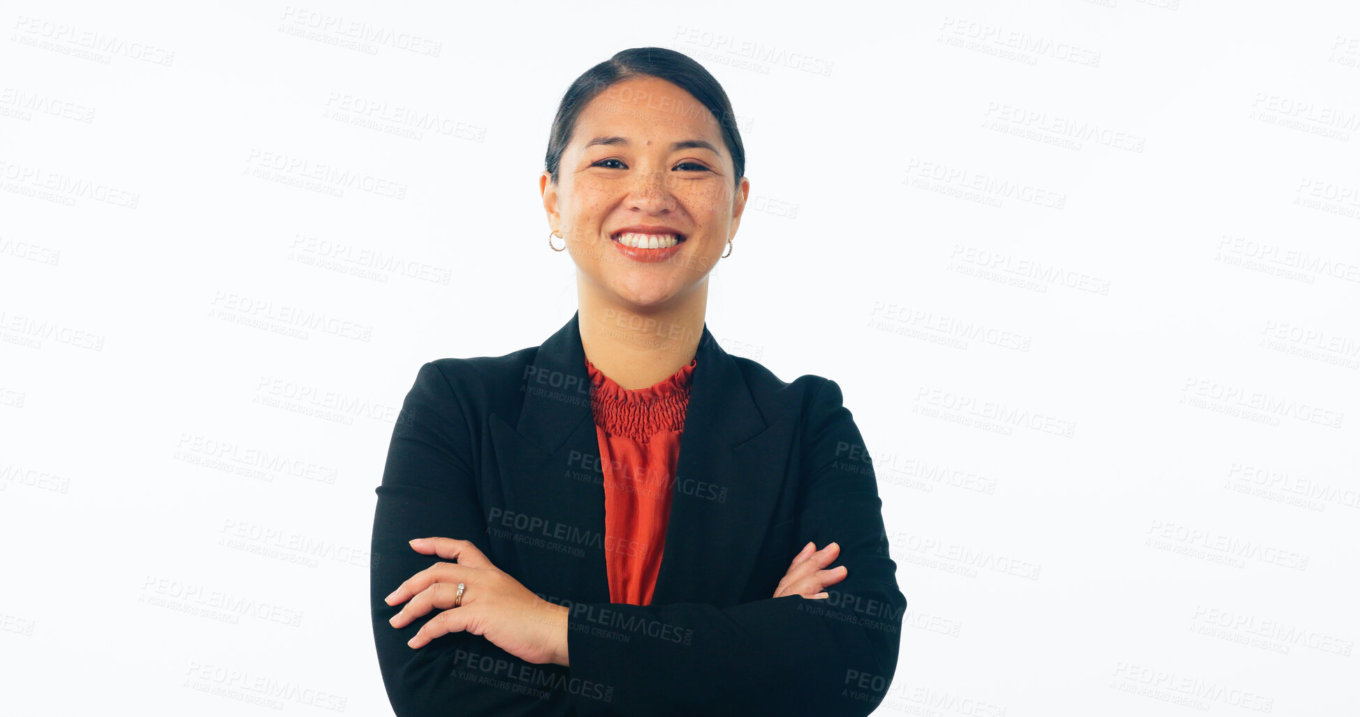 Buy stock photo Happy, crossed arms and portrait of business Asian woman in studio for career, job and work. Corporate, professional and face of isolated worker with smile, confidence and pride on white background