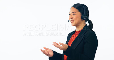 Buy stock photo Call center, space and woman in studio for customer service, FAQ support or IT questions on mockup white background. Happy asian telemarketing consultant, assistant or microphone for telecom advisory