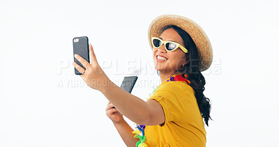 Buy stock photo Woman, selfie and passport for holiday in studio, plane ticket and post on web blog by white background. Influencer girl, travel documents and memory with flowers, social media and travel to Hawaii