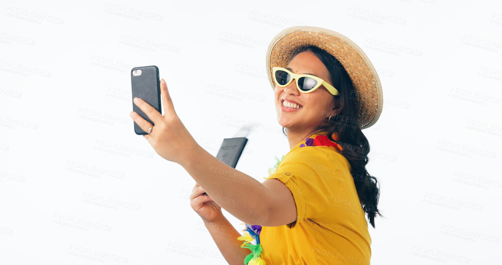 Buy stock photo Woman, selfie and passport for holiday in studio, plane ticket and post on web blog by white background. Influencer girl, travel documents and memory with flowers, social media and travel to Hawaii