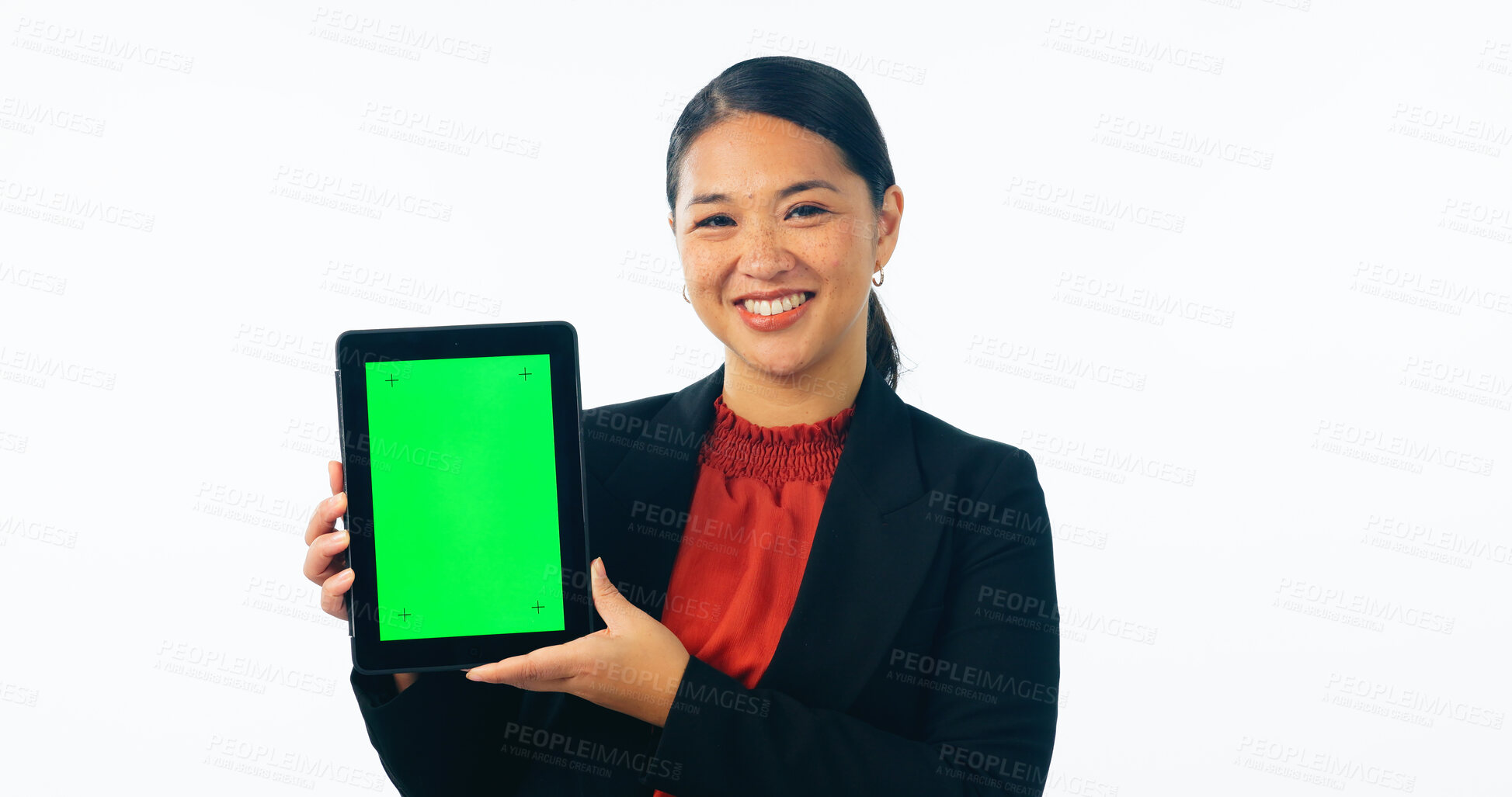 Buy stock photo Portrait of business woman, green screen and tablet for advertising space, offer and mockup newsletter in studio. Happy asian worker show digital announcement, launch or promotion on white background