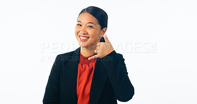 Buy stock photo Woman, call me and sign on portrait with smile, studio mockup and communication for announcement. Asian person, happy or face with calling emoji or social connect, voice promotion or white background