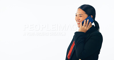 Buy stock photo Business woman, phone call and happy communication for networking in human resources on studio banner or mockup. Employee talking on mobile or voip chat for opportunity isolated on a white background