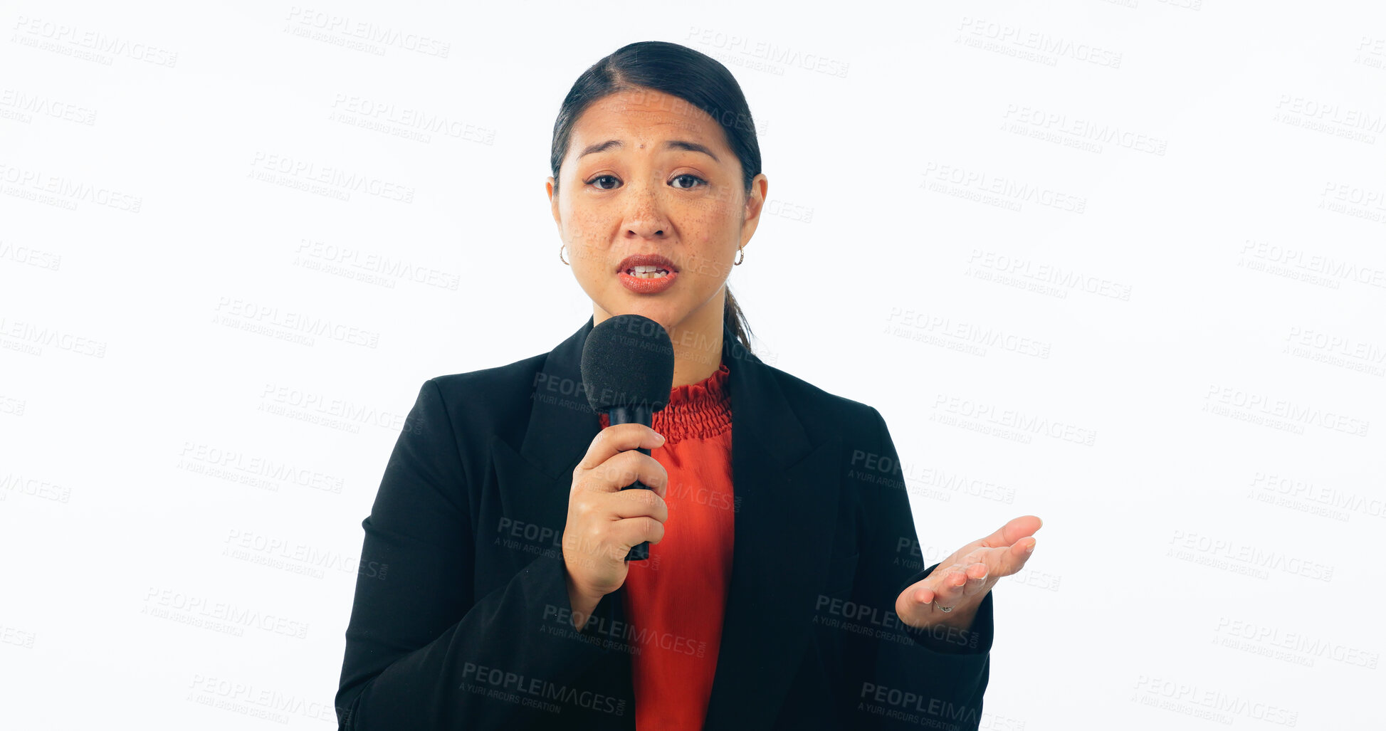 Buy stock photo Asian presenter woman, microphone and reporter news for studio portrait, opinion or info by white background. Japanese person, television network or journalist for story, announcement or media job