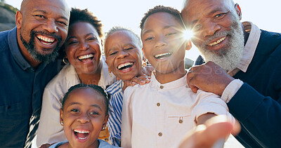 Buy stock photo Happy family, generations or nature in selfie on summer vacation, adventure or memory together with love. Black people, portrait and smile on face, calm relax and peace wellness to bond on holiday