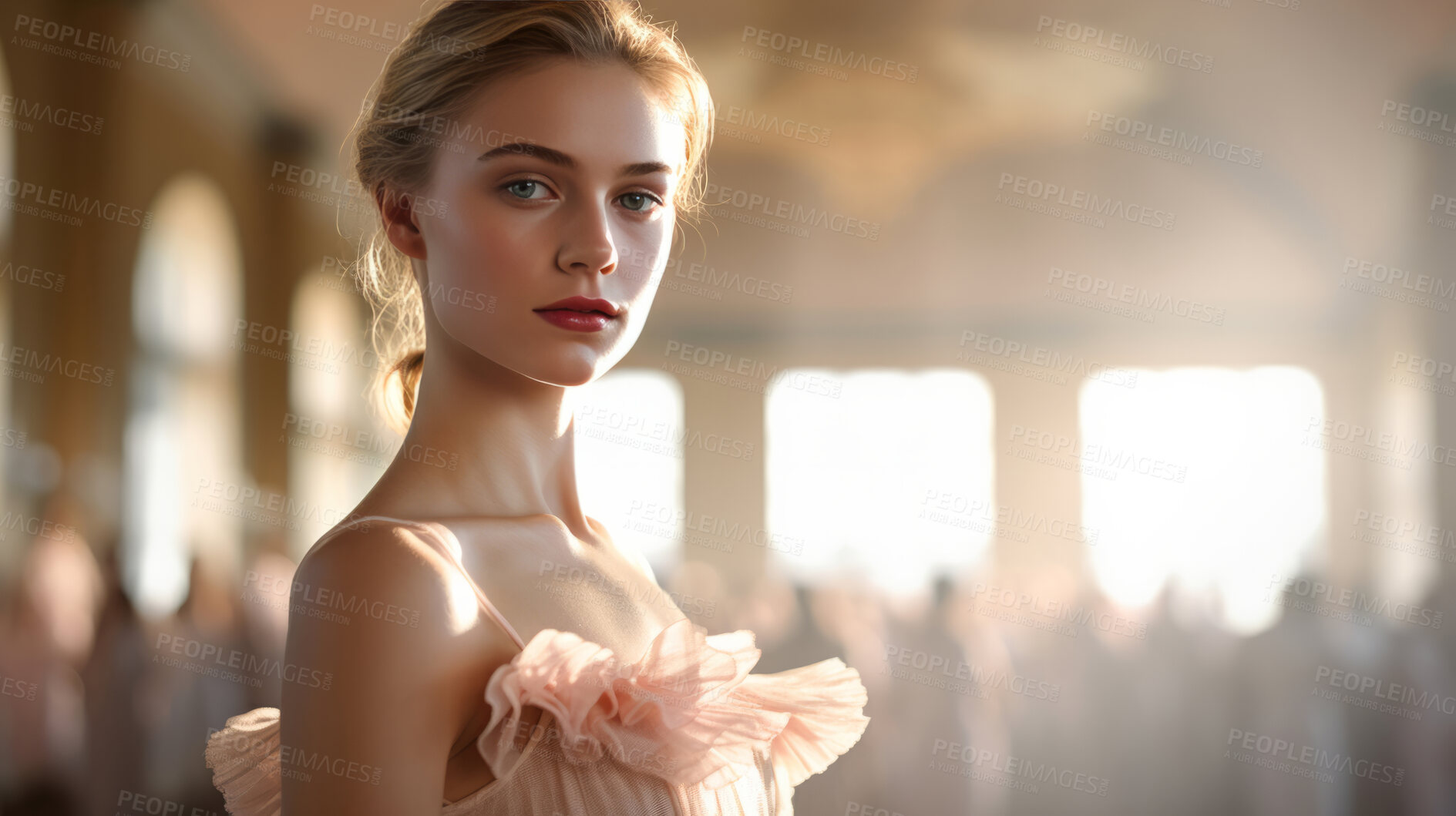 Buy stock photo Ballerina, professional and portrait with woman and talent, looking in hall for fitness and sports with art. Creative, athlete and confidence with gymnastics, exercise and beautiful background