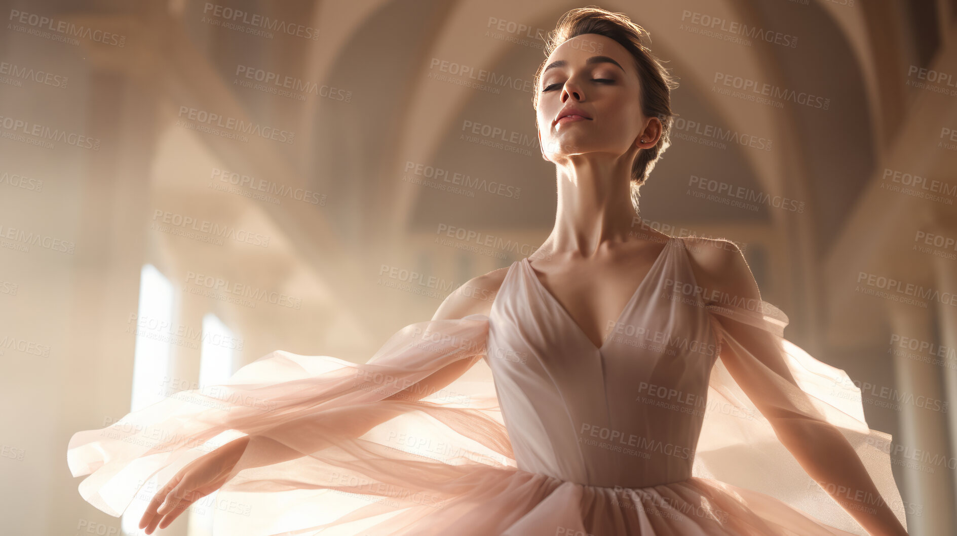 Buy stock photo Background, professional and ballet with woman, talent and training in dance hall for fitness, practice and movement. Creative, dancer and professional ballerina dancing in theater for motion routine