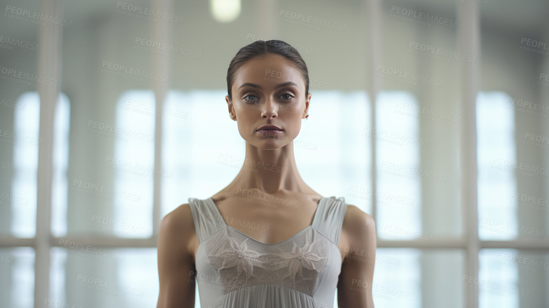 Buy stock photo Dancer, portrait and background with woman and talent, training in hall for fitness and sports with art. Creative, professional athlete and confidence with gymnastics, exercise and entertainment