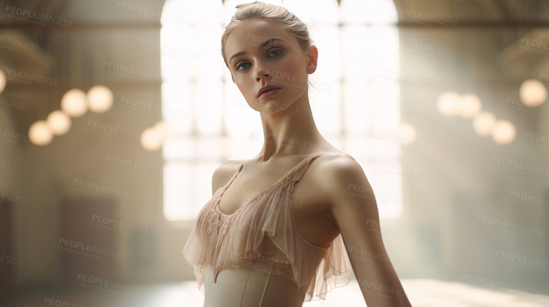 Buy stock photo Dancer, portrait and background with woman and talent, training in hall for fitness and sports with art. Creative, professional athlete and confidence with gymnastics, exercise and entertainment