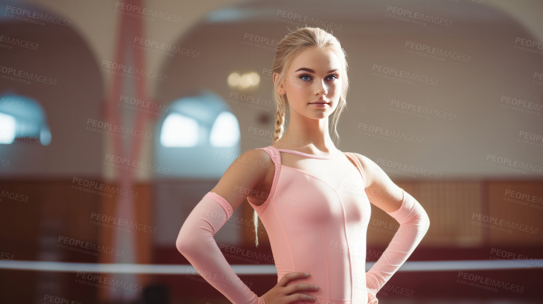 Buy stock photo Gymnast, lifestyle and portrait with woman, talent and training in gym for fitness and sports. Thinking, vision and ideas for professional athlete and confidence with gymnastics, exercise and wellness