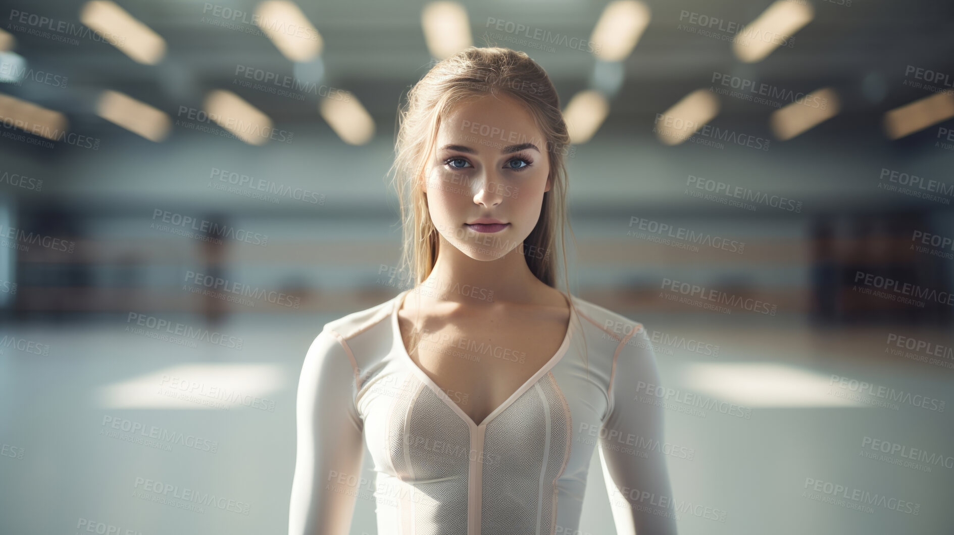 Buy stock photo Athletic, portrait and background with woman, talent and training in gym for fitness and sports with art. Creative, professional gymnast and confidence with gymnastics, exercise and wellness