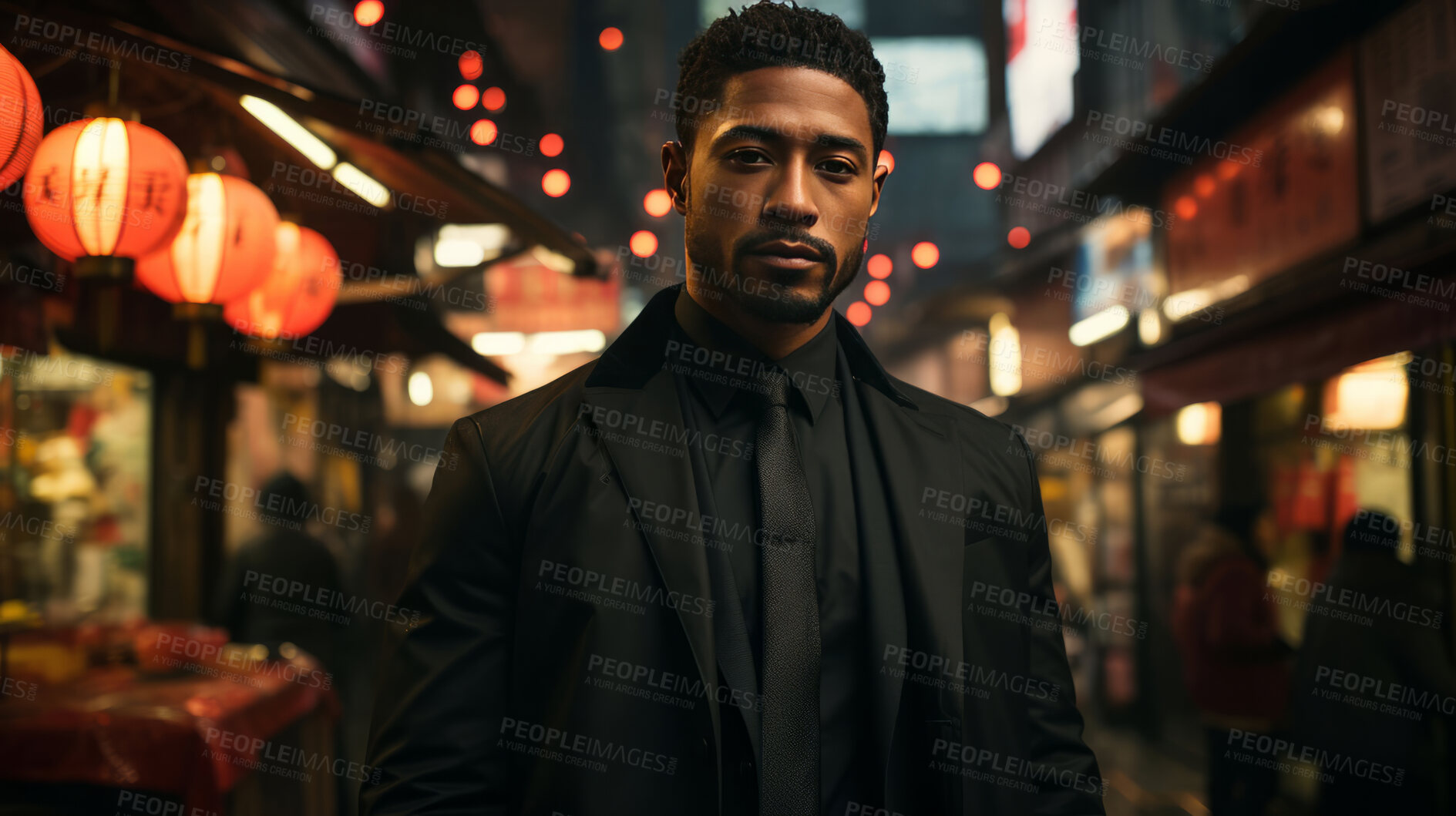 Buy stock photo Black man, night and mafia with city street, spy and mysterious in  rain. Serious, looking and rain with male wearing business suit for gangster, profit and asset for protective services and bodyguard