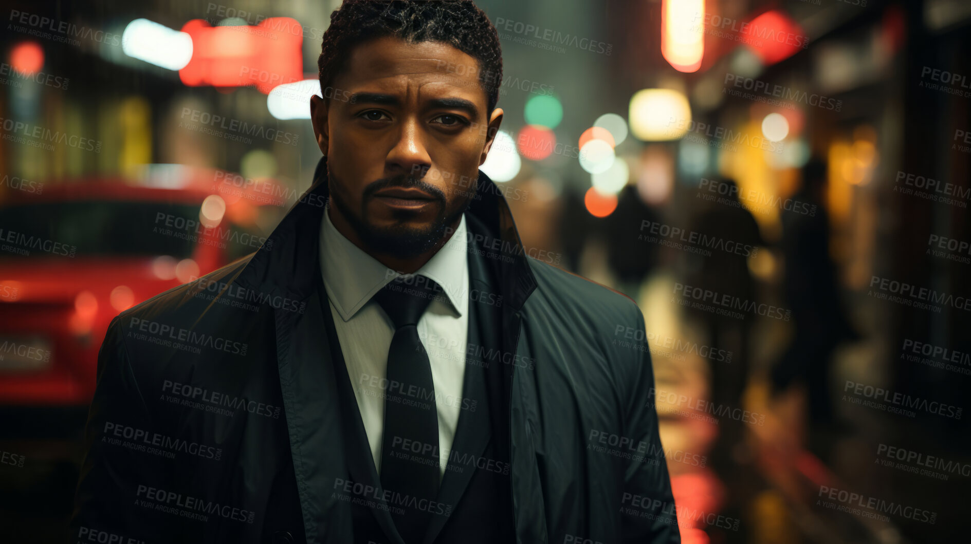 Buy stock photo Black man, night and mafia with city street, spy and mysterious in  rain. Serious, looking and rain with male wearing business suit for gangster, profit and asset for protective services and bodyguard