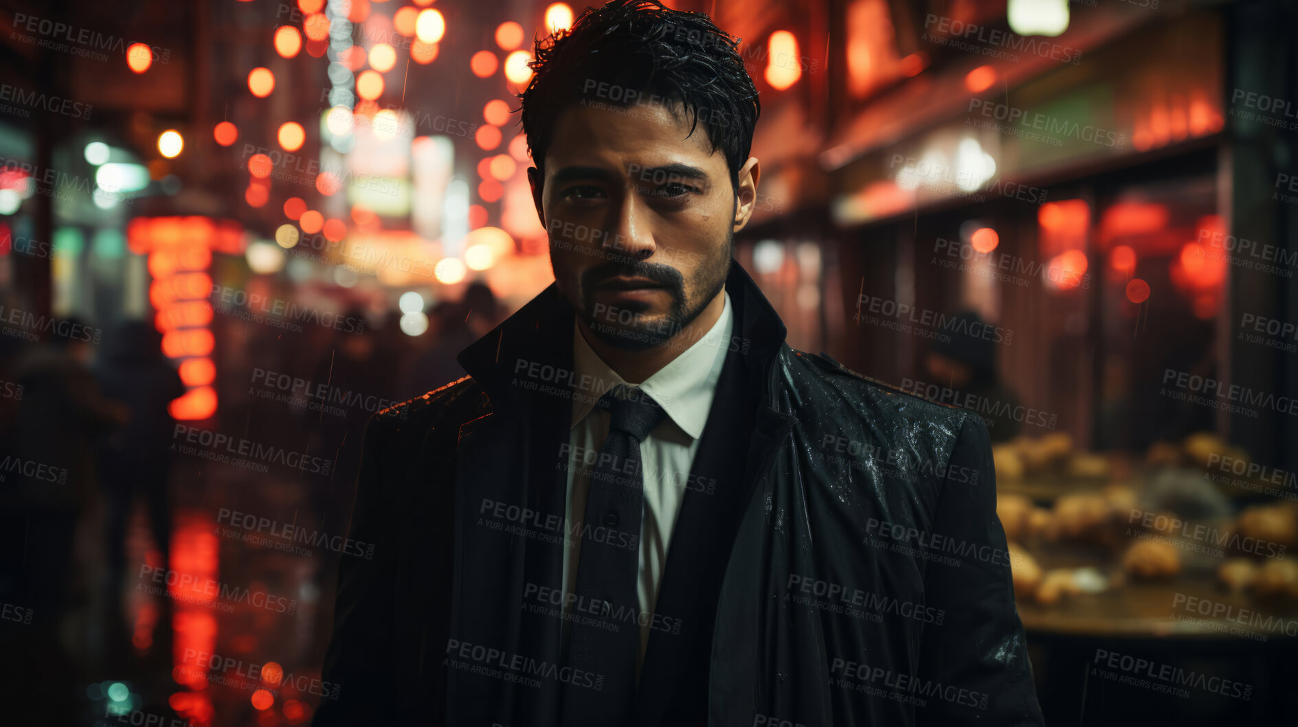 Buy stock photo Asian man, night and mafia with city street, spy and mysterious in  rain. Serious, looking and rain with male wearing business suit for gangster, profit and asset for protective services and bodyguard