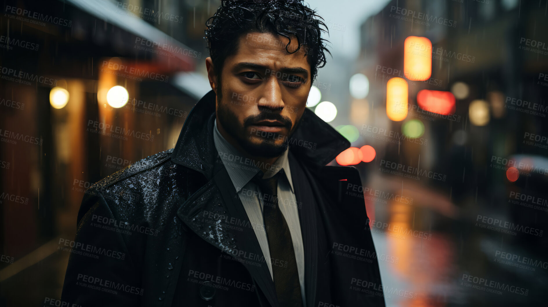 Buy stock photo Man, night and mafia with city street, spy and mysterious in  rain. Serious, looking and rain with male wearing business suit for gangster, profit and asset for protective services and bodyguard