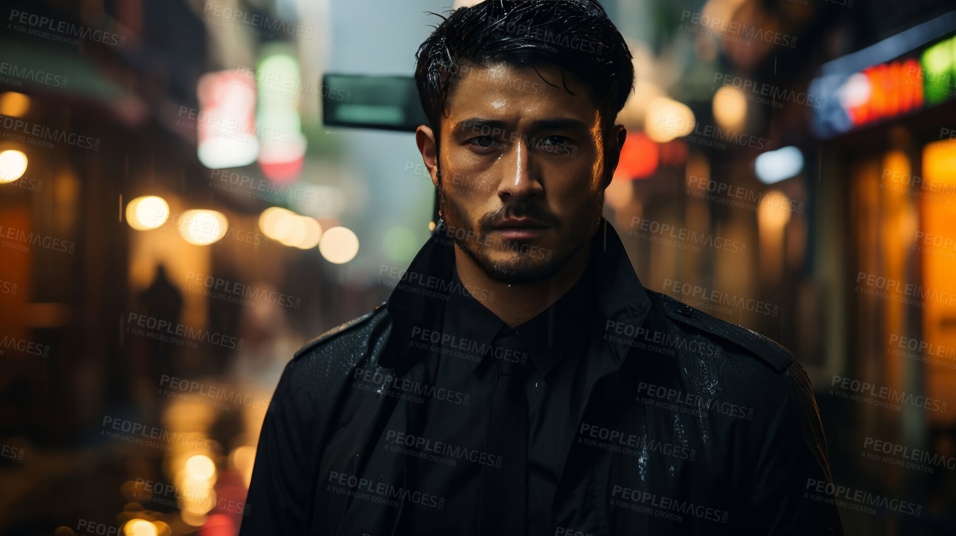 Buy stock photo Asian man, night and mafia with city street, spy and mysterious in  rain. Serious, looking and rain with male wearing business suit for gangster, profit and asset for protective services and bodyguard