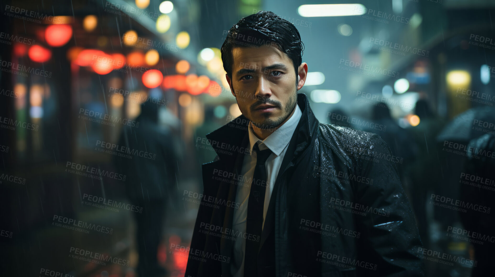 Buy stock photo Asian man, night and mafia with city street, spy and mysterious in  rain. Serious, looking and rain with male wearing business suit for gangster, profit and asset for protective services and bodyguard