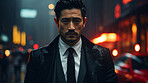 Asian man, night and mafia with city street, spy and mysterious in  rain. Serious, looking and rain with male wearing business suit for gangster, profit and asset for protective services and bodyguard