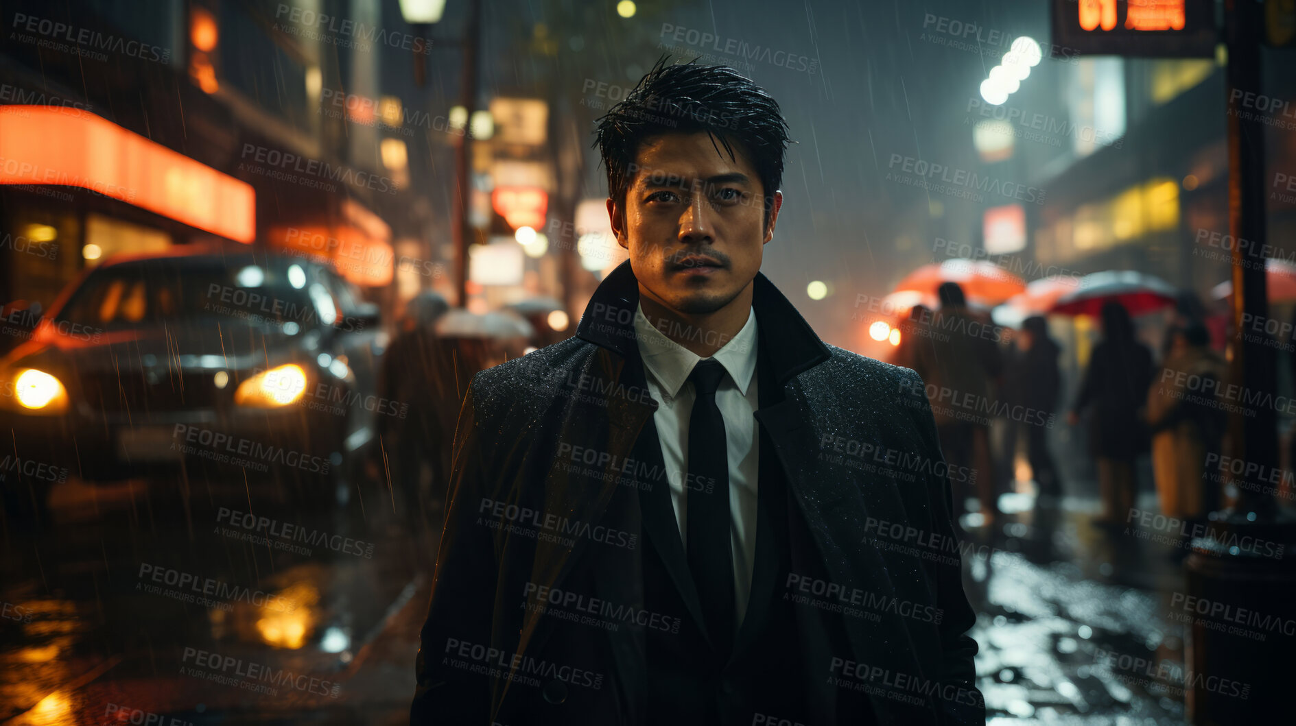 Buy stock photo Asian man, night and mafia with city street, spy and mysterious in  rain. Serious, looking and rain with male wearing business suit for gangster, profit and asset for protective services and bodyguard