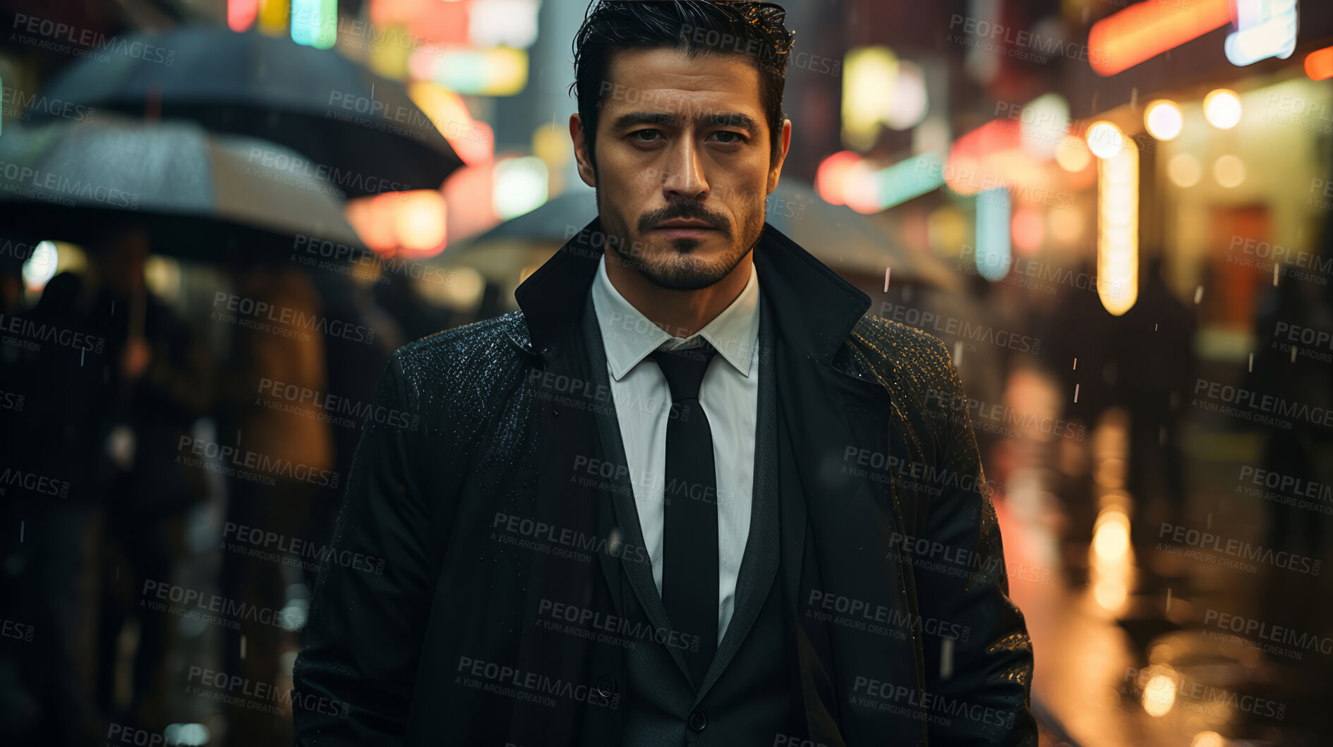 Buy stock photo Man, night and mafia with city street, spy and mysterious in  rain. Serious, looking and rain with male wearing business suit for gangster, profit and asset for protective services and bodyguard