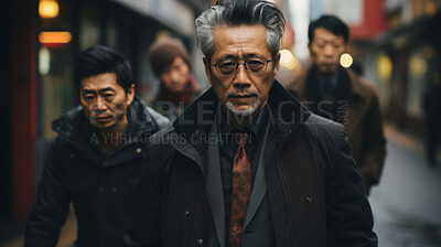 Asian man, portrait and mafia boss or senior, entrepreneur and bodyguards in city street. Serious, looking and urban scene with male wearing a black clothes for leadership, gangster and success