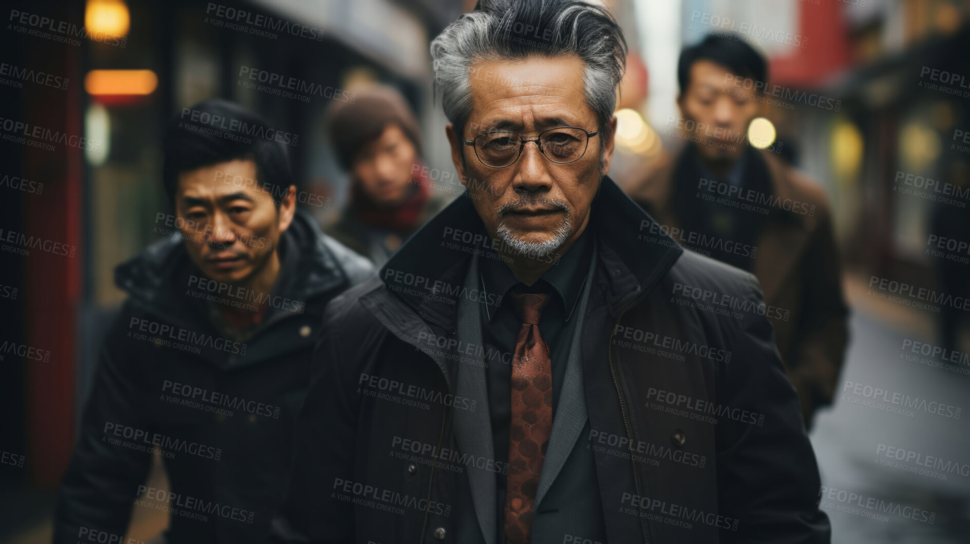 Buy stock photo Asian man, portrait and mafia boss or senior, entrepreneur and bodyguards in city street. Serious, looking and urban scene with male wearing a black clothes for leadership, gangster and success