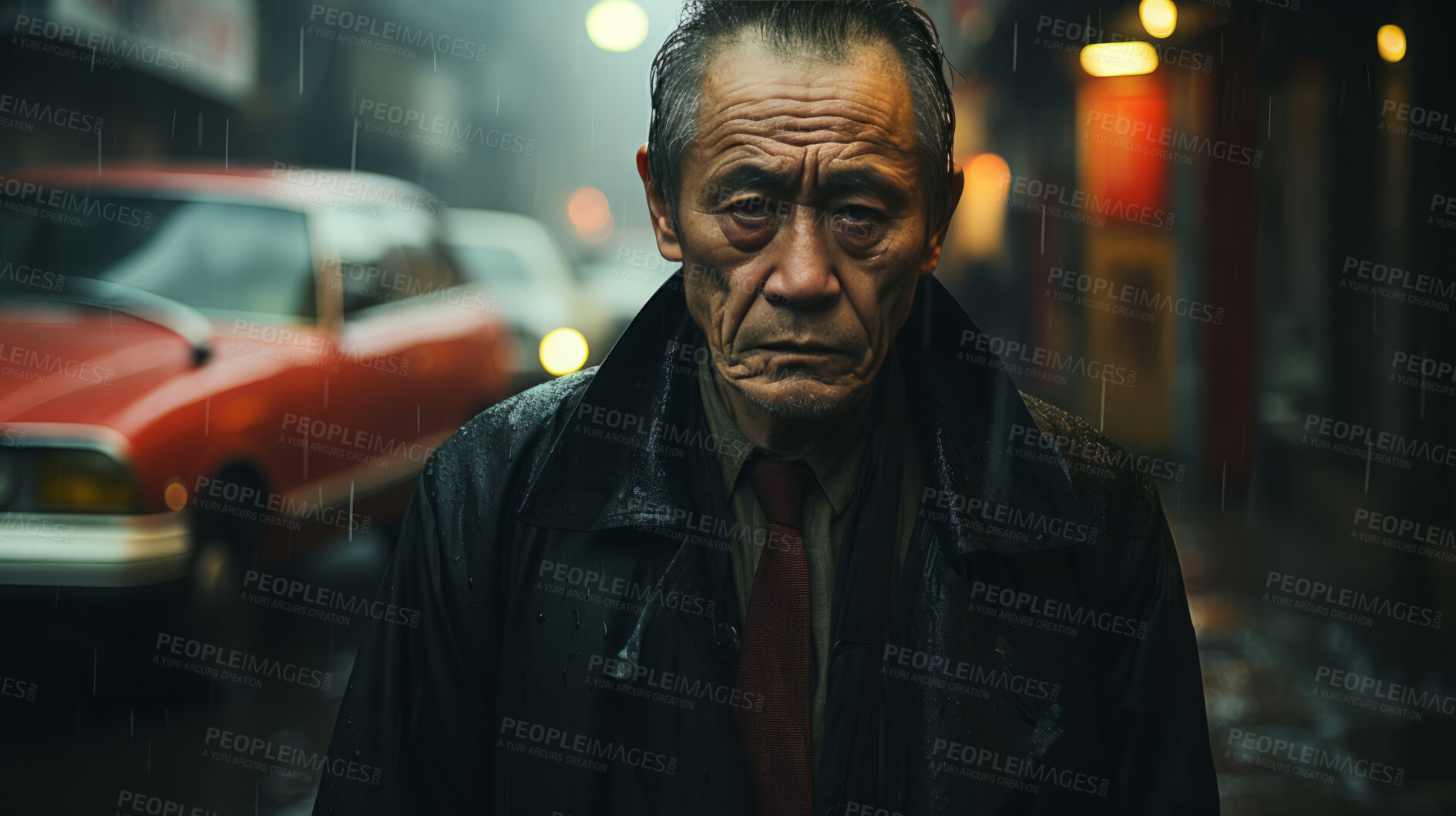 Buy stock photo Asian man, portrait and mafia boss or senior, entrepreneur and professional in city street. Serious, looking and urban with male wearing a black clothes for leadership, gangster and success at night