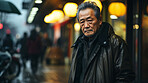 Asian man, portrait and mafia boss or senior, entrepreneur and professional in city street. Serious, looking and urban with male wearing a black clothes for leadership, gangster and success at night