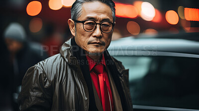Asian man, portrait and businessman or senior, entrepreneur and professional in city street. Serious, looking and urban with male wearing a business suit for leadership, marketing and success at night