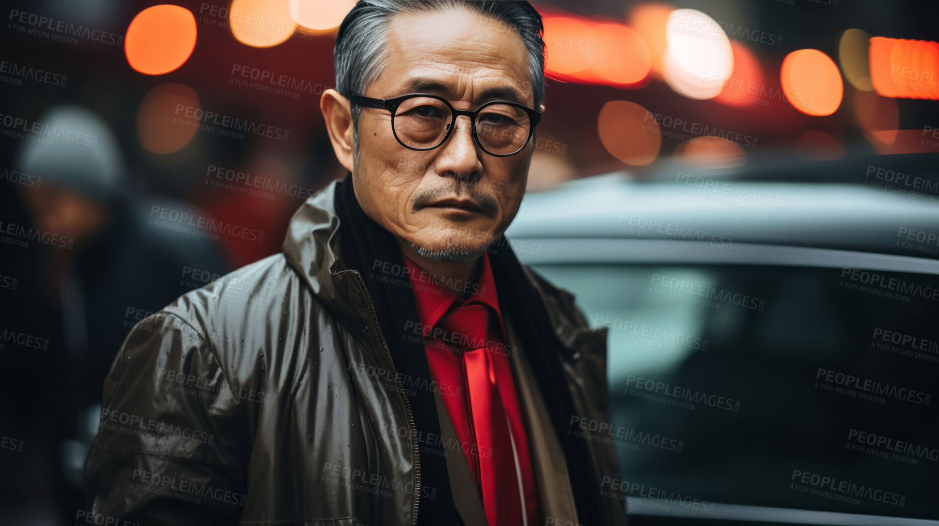 Buy stock photo Asian man, portrait and businessman or senior, entrepreneur and professional in city street. Serious, looking and urban with male wearing a business suit for leadership, marketing and success at night