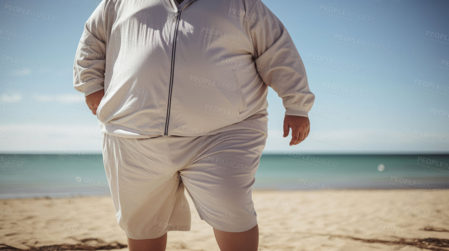 Buy stock photo Plus size man, tired and relaxing for exercise, fitness and training for weightloss, diet and outdoor wellness. vacation, person and holiday for healthy challenge, sports and losing weight cardio