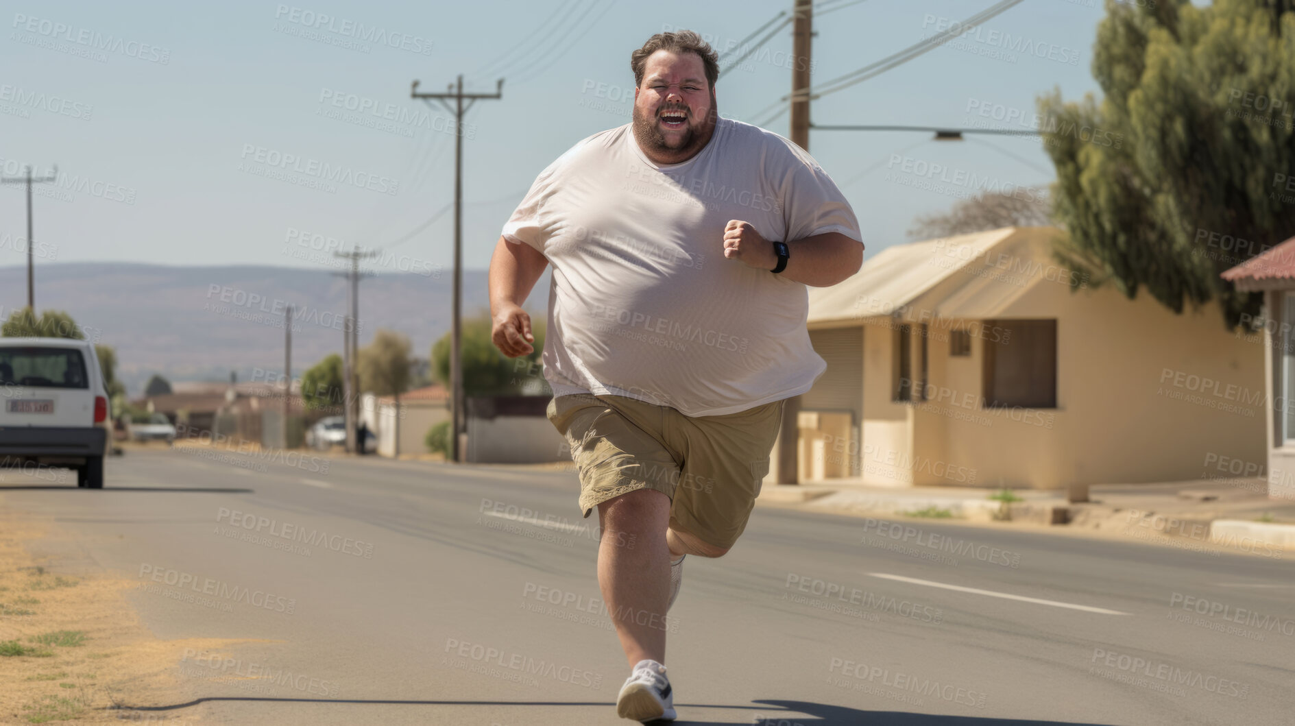 Buy stock photo Plus size man, tired and running for exercise, fitness and training for weightloss, diet and indoor wellness. Fatigue, person and workout for healthy challenge, sports and losing weight cardio