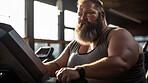 Plus size man, tired and running for exercise, fitness and training for weightloss, diet and indoor wellness. Fatigue, person and workout for healthy challenge, sports and losing weight cardio