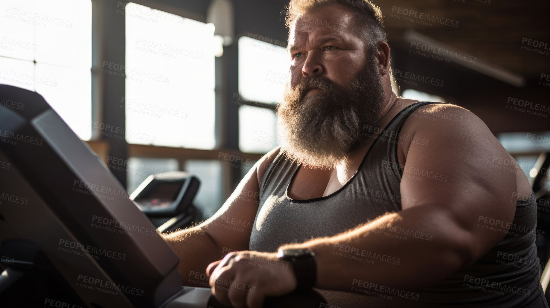 Buy stock photo Plus size man, tired and running for exercise, fitness and training for weightloss, diet and indoor wellness. Fatigue, person and workout for healthy challenge, sports and losing weight cardio