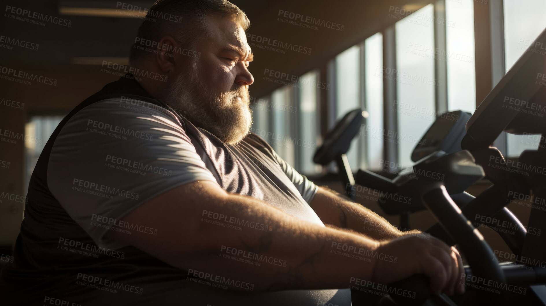 Buy stock photo Plus size man, tired and running for exercise, fitness and training for weightloss, diet and indoor wellness. Fatigue, person and workout for healthy challenge, sports and losing weight cardio