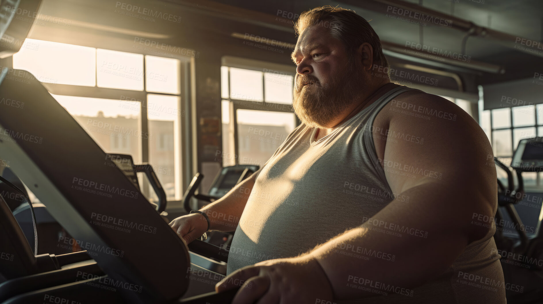 Buy stock photo Plus size man, tired and running for exercise, fitness and training for weightloss, diet and indoor wellness. Fatigue, person and workout for healthy challenge, sports and losing weight cardio