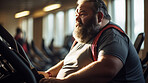 Plus size man, tired and running for exercise, fitness and training for weightloss, diet and indoor wellness. Fatigue, person and workout for healthy challenge, sports and losing weight cardio