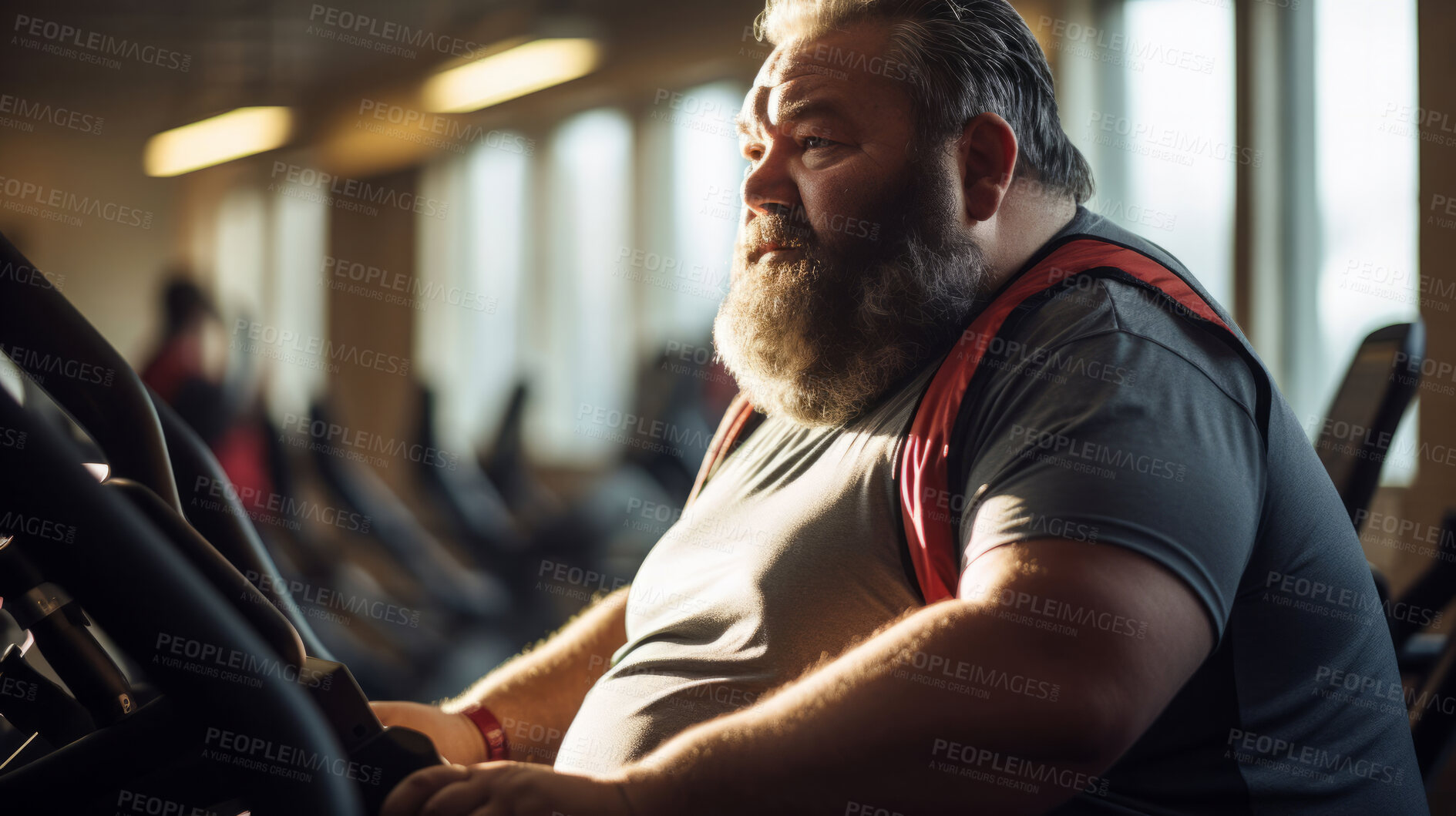 Buy stock photo Plus size man, tired and running for exercise, fitness and training for weightloss, diet and indoor wellness. Fatigue, person and workout for healthy challenge, sports and losing weight cardio