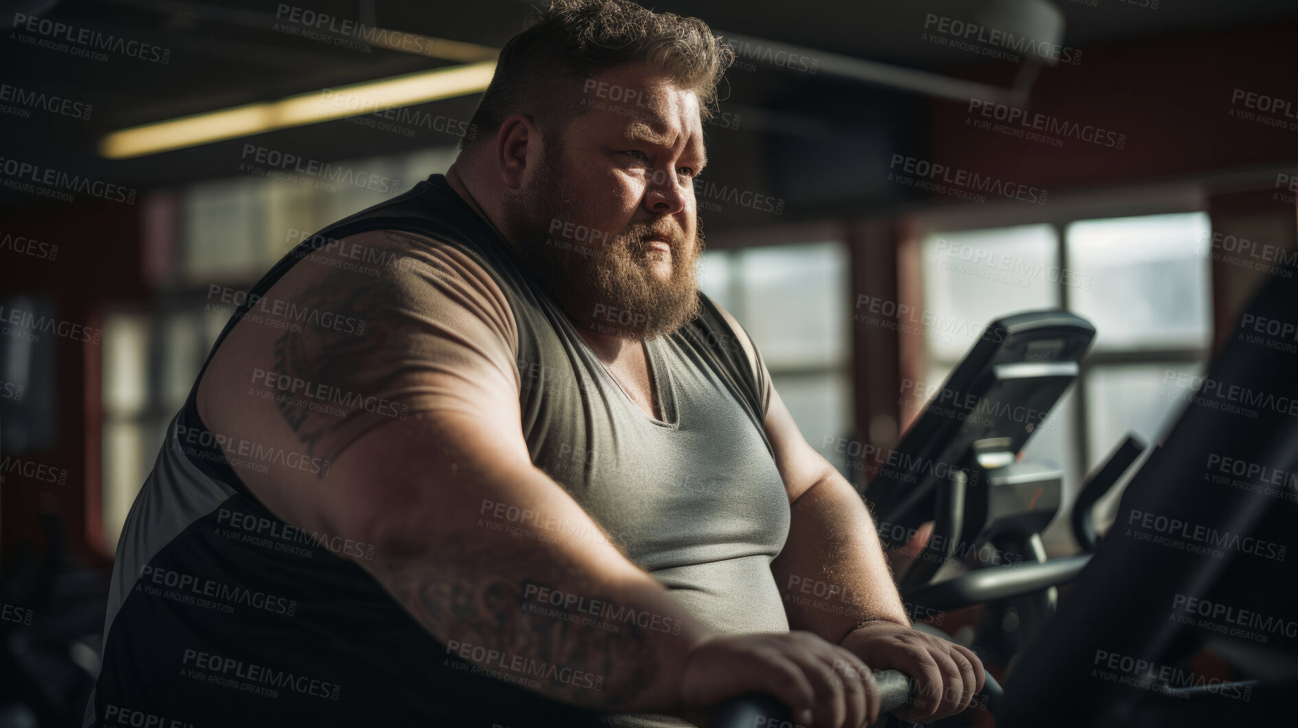 Buy stock photo Plus size man, tired and running for exercise, fitness and training for weightloss, diet and indoor wellness. Fatigue, person and workout for healthy challenge, sports and losing weight cardio