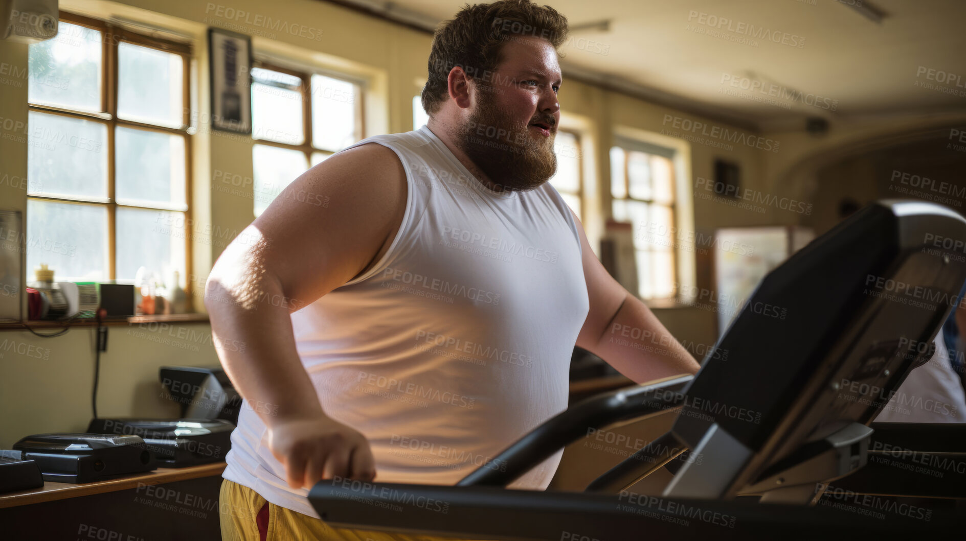 Buy stock photo Plus size man, tired and running for exercise, fitness and training for weightloss, diet and indoor wellness. Fatigue, person and workout for healthy challenge, sports and losing weight cardio