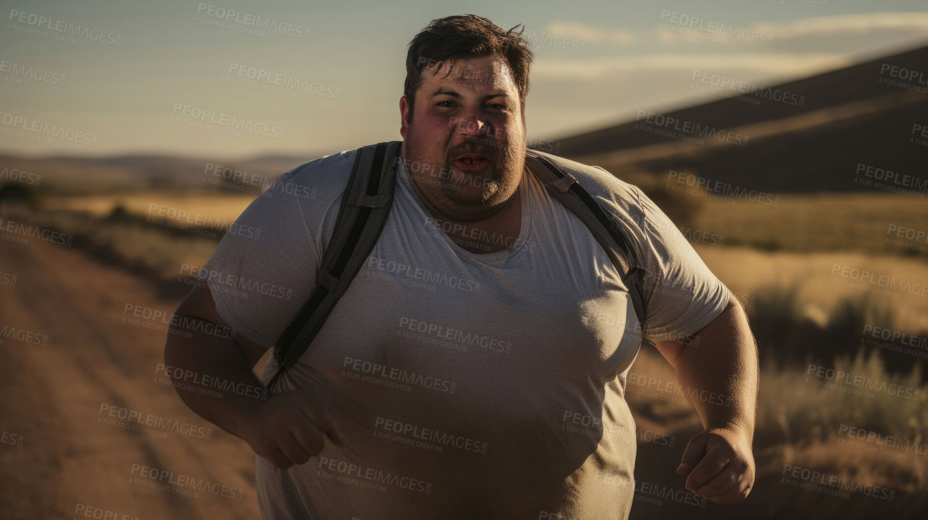 Buy stock photo Plus size man, tired and running for exercise, fitness and training for weightloss, diet and outdoor wellness. Fatigue, person and workout for healthy challenge, sports and losing weight cardio